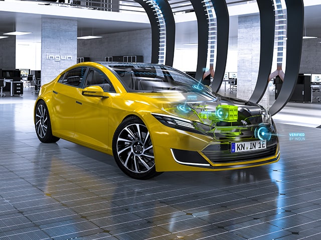 yellow car in a showroom with visible interior test points