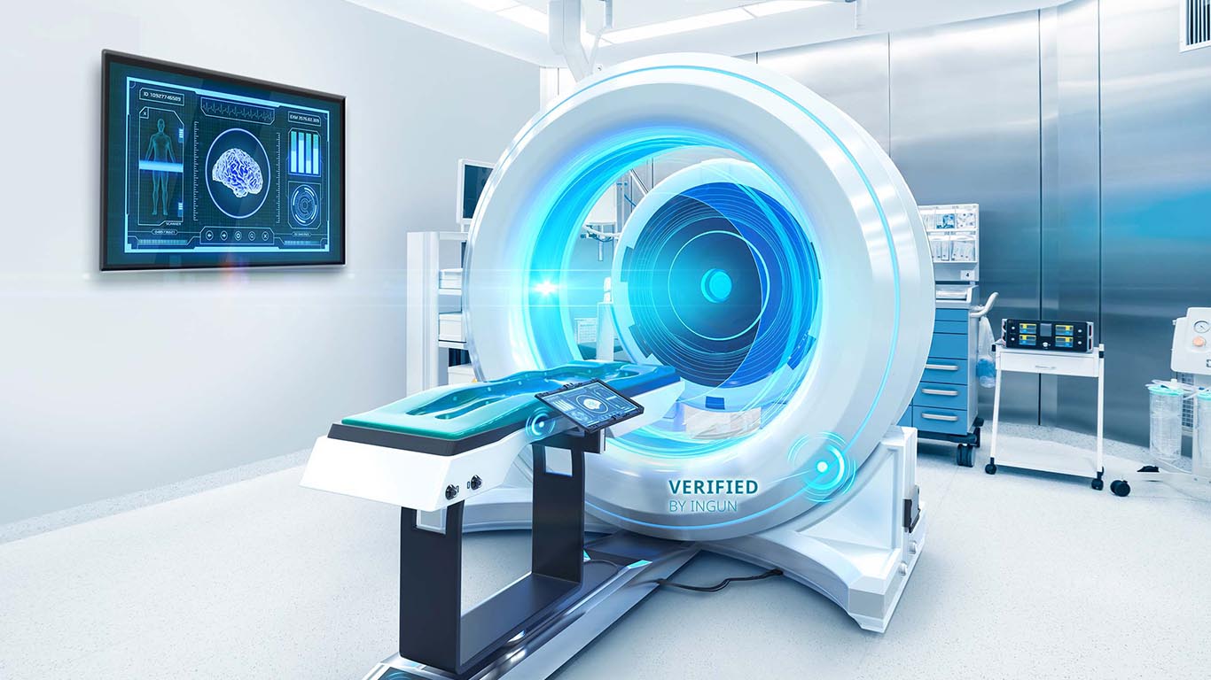 Treatment room in futuristic style with CT scanner with verified by INGUN text