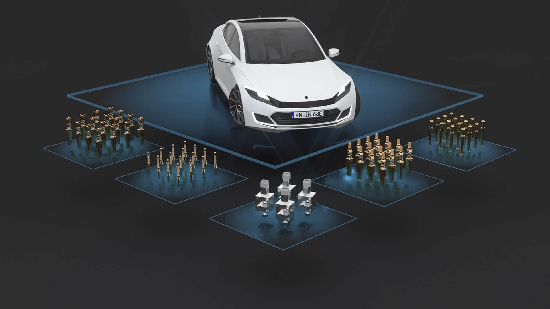 Modern white car surrounded by INGUN test probes