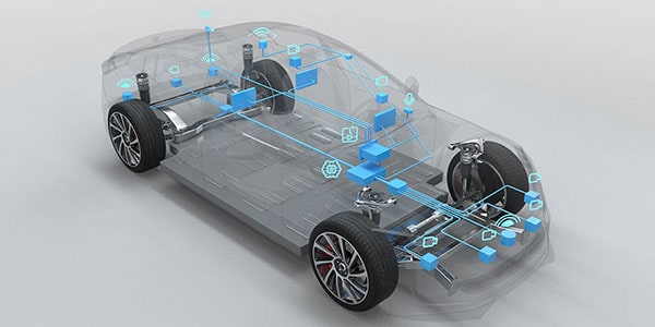 3D visual of a transparent car with 4 wheels, showing the electronic sensors in blue color