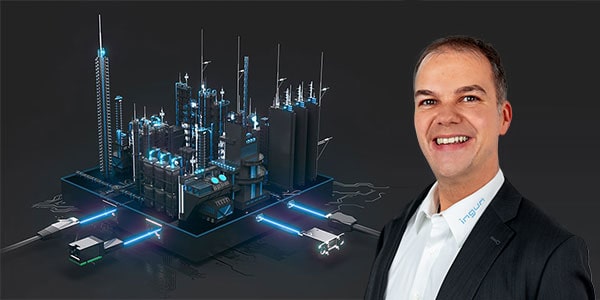 keyvisual for webinar: Advanced testing components for IIoT applications. 3D-image of a dark city skyline made of  electronic connectors with blue  laserlight highlights. Portrait of the moderator of the webinar in front of them.