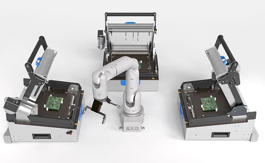Automatic opener/closer in combination with a cobot to load manual test fixtures