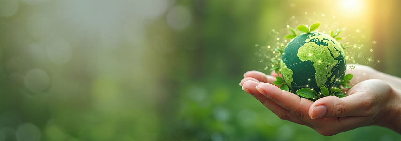INGUN iso-14001:2015 certified: Hand holds a green globe with leaves
