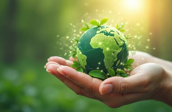 Hand holds a green globe with leaves