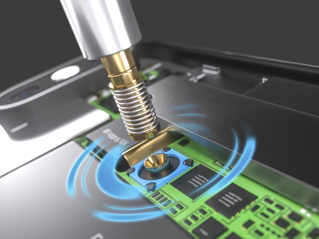 Close-up of an example of RF test probe contacing a smartphone